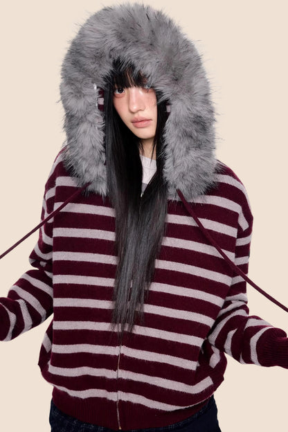 Fur Collar Striped Knit Cardigan