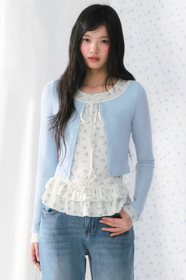 Blue Floral Knitted Ruffled Top