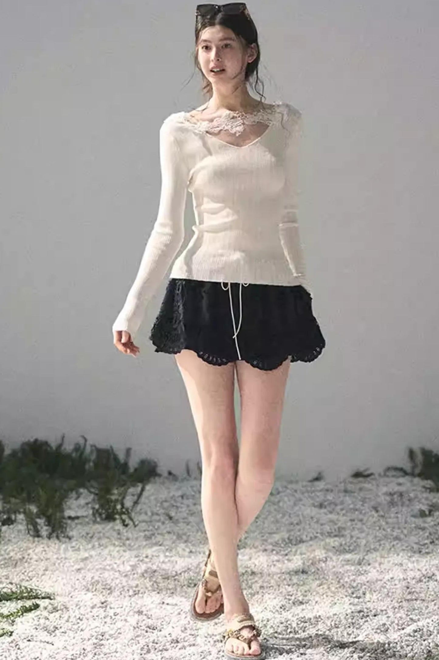 Lace-Trimmed Knitted Top