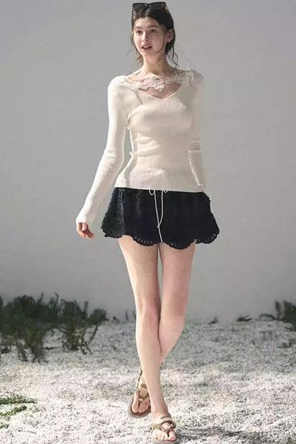 Lace-Trimmed Knitted Top