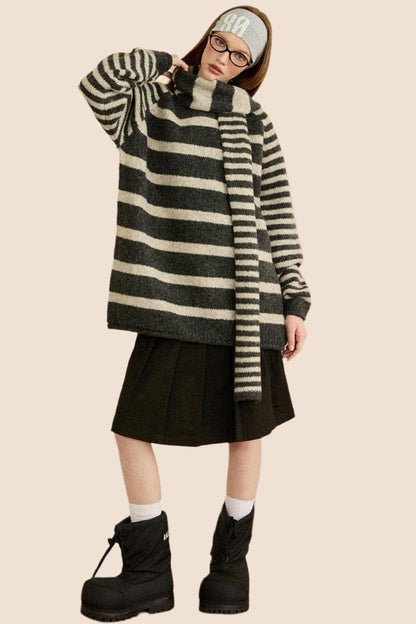 Thickened Striped Loose Knit Top Scarf Set