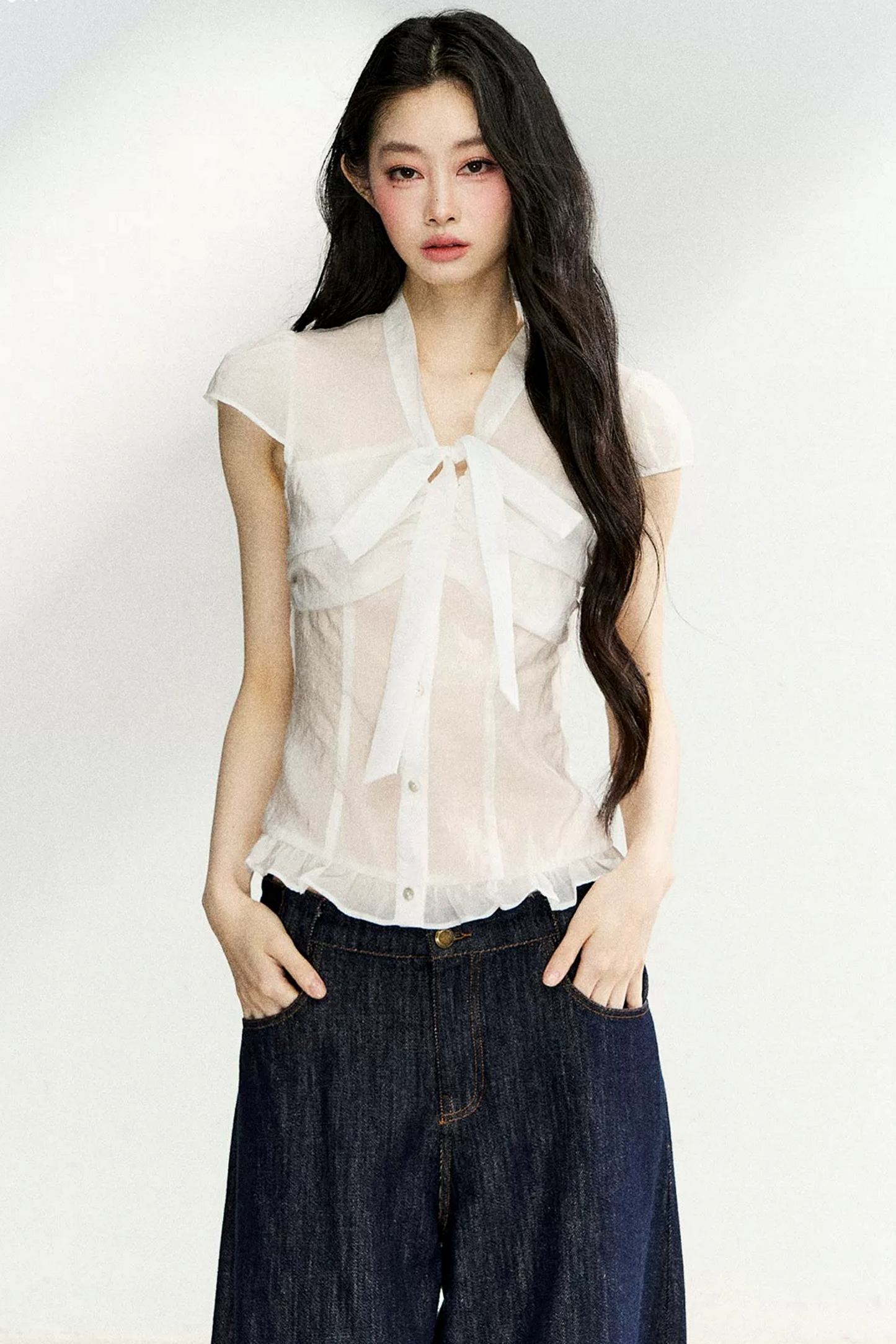 Sheer Bow-Collar Blouse