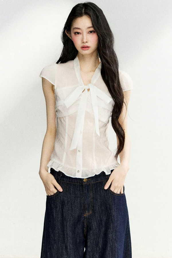 Sheer Bow-Collar Blouse