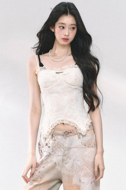 Lace Trim Slim Fit Crop T-Shirt