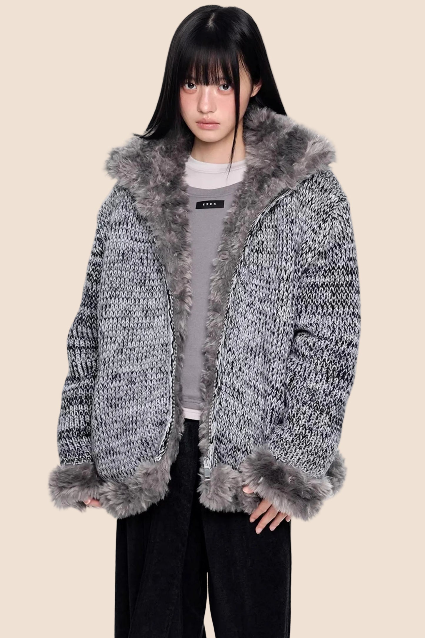 Fur Collar Knitted Reversible Jacket