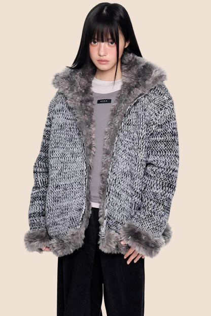 Fur Collar Knitted Reversible Jacket