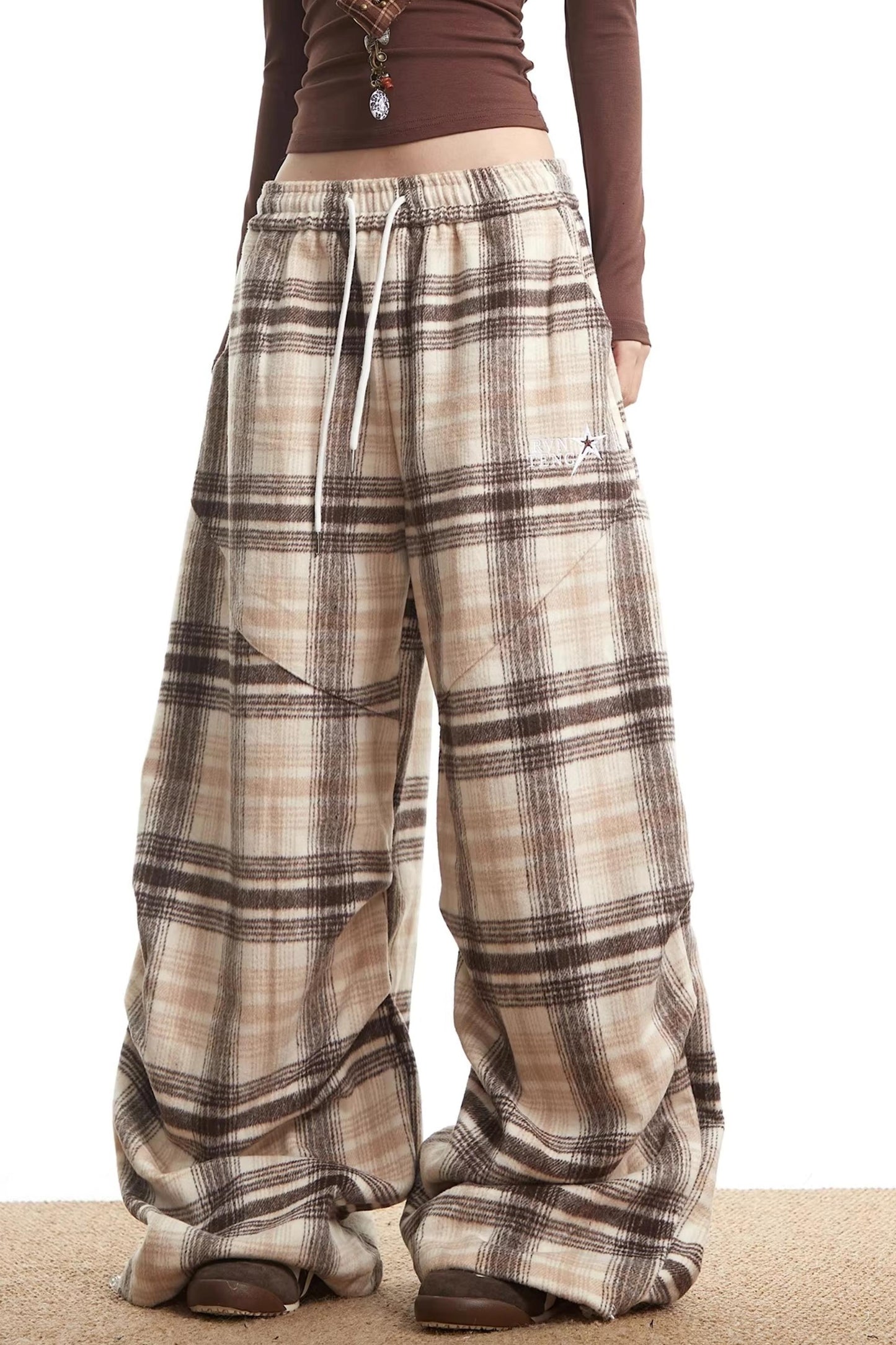 Retro Scimitar Plaid Wide-Leg Pants