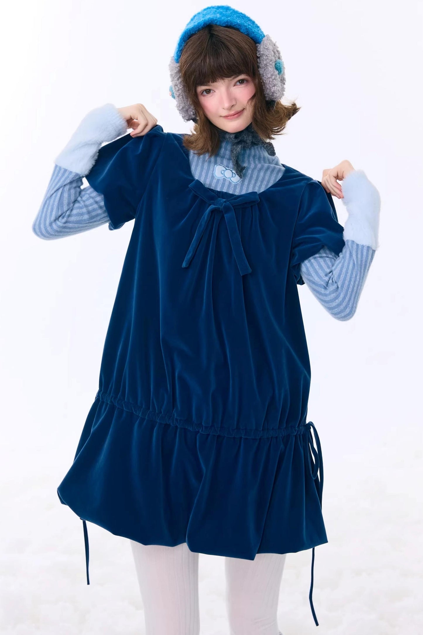 Deep Blue Velvet Bow Dress