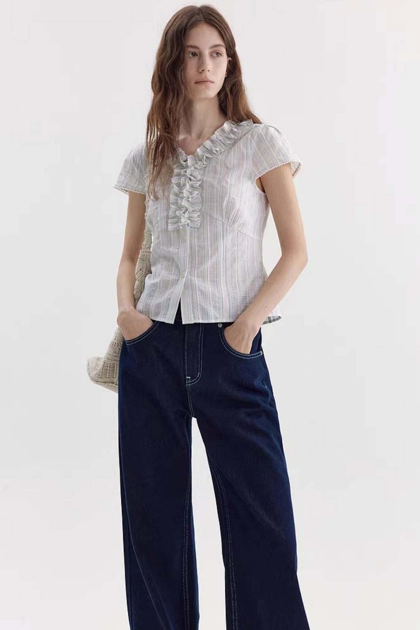 Color-Block Striped Ruffled Blouse