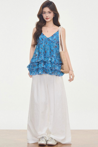 Floral Cotton Linen Camisole Set-Up