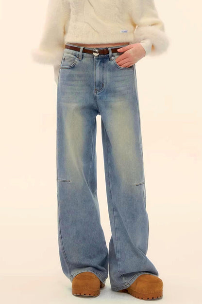 Washed Denim Curved Cut Pants