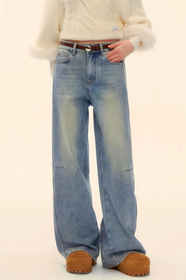 Washed Denim Curved Cut Pants