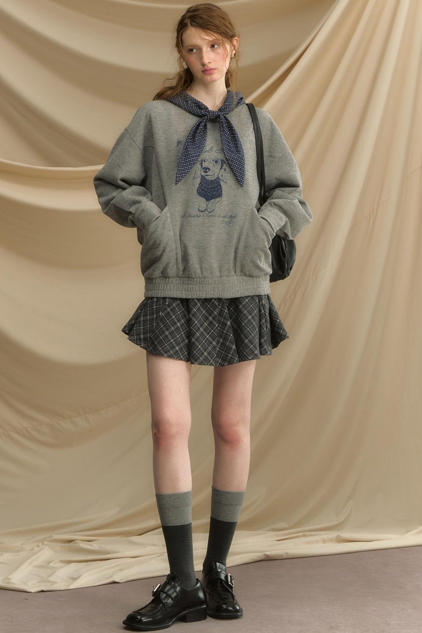 Vintage Dog Print Hooded Pullover Top