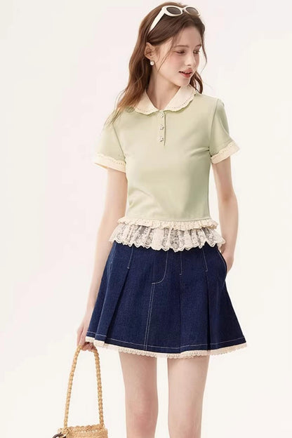 Lace Splicing Denim Skirt