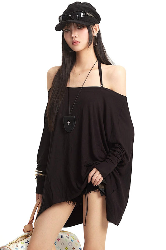 Black Off-Shoulder Halter Top