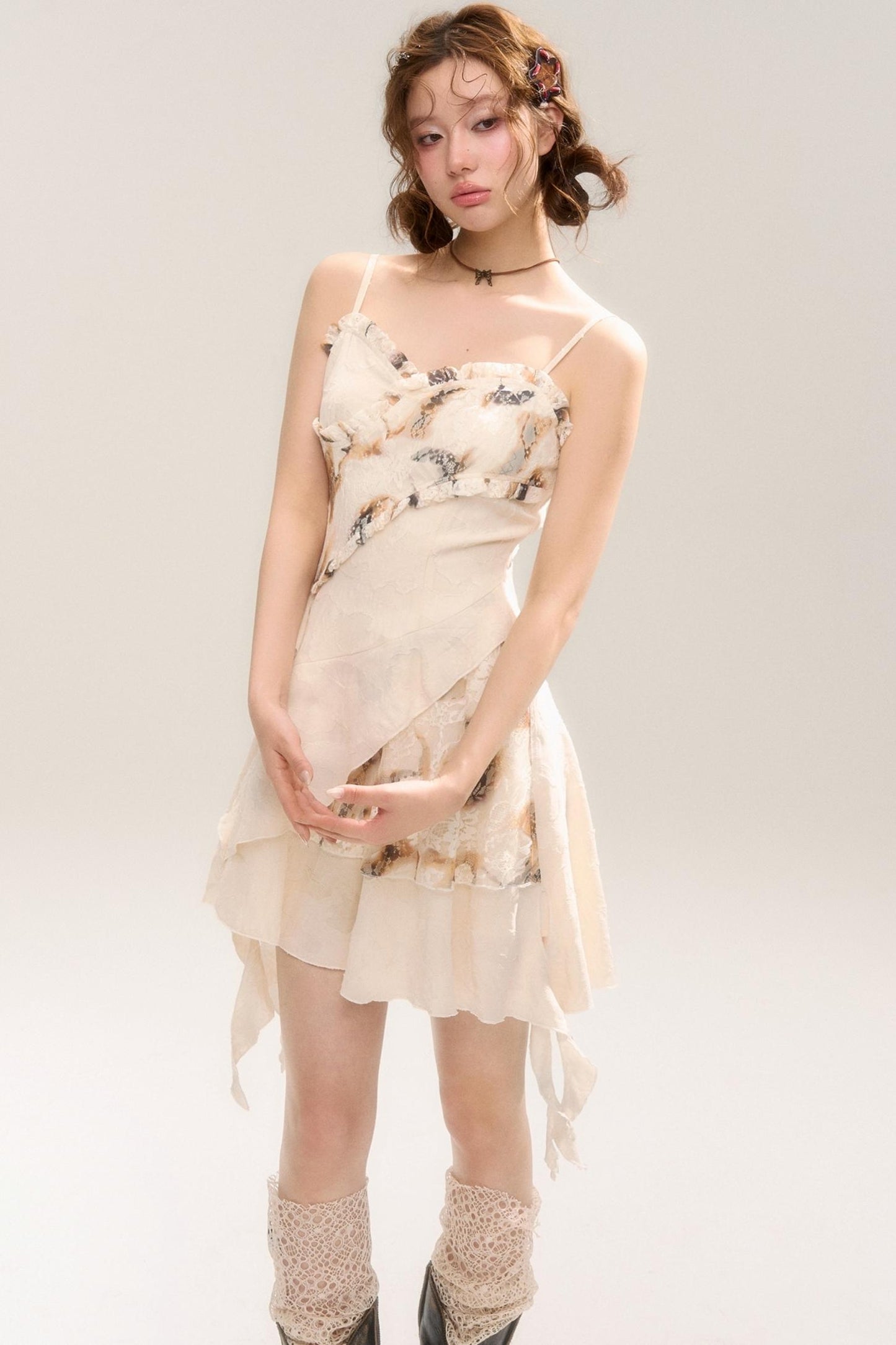 Beige Apricot Irregular Lace Dress