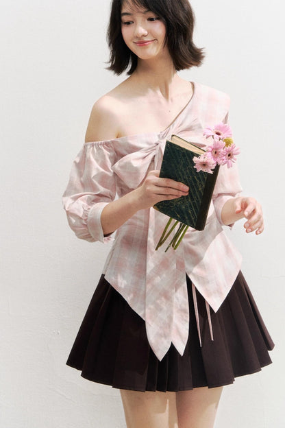 Plaid Bow One-Shoulder Waist Shirt