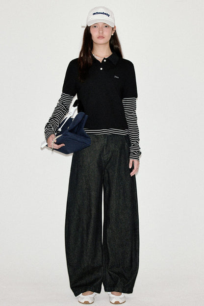 Retro Striped Polo Long-Sleeved Top