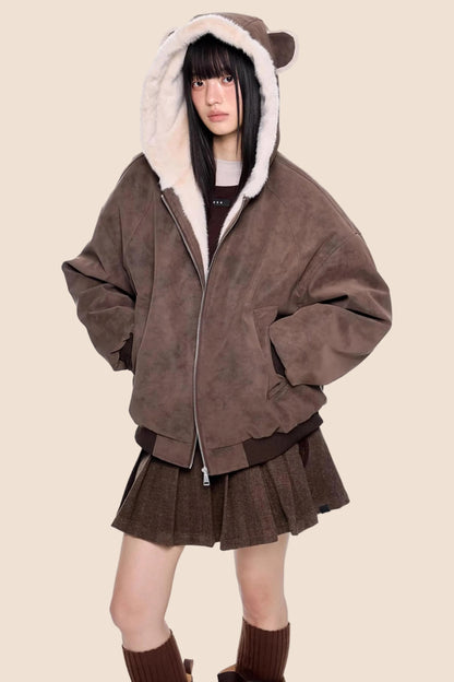 Faux Suede Hooded Fur Coat