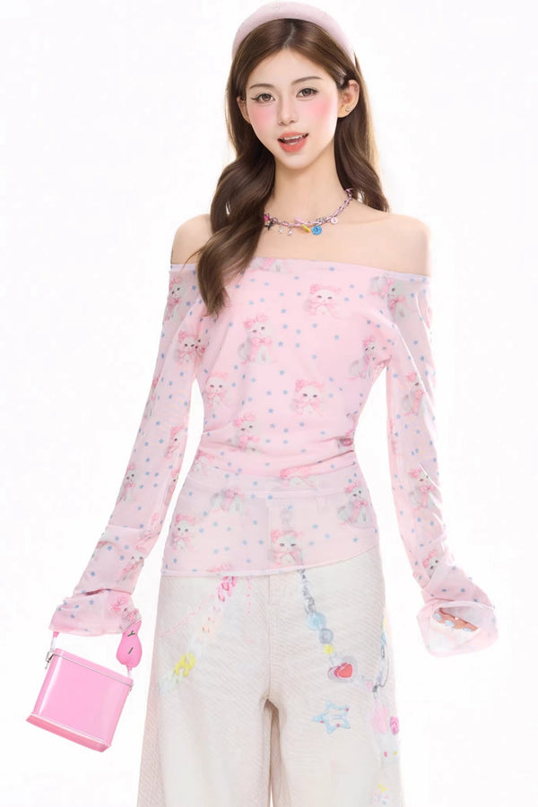 Polka Dot Cat Print Blouse