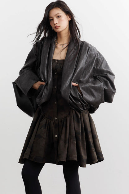 Vintage Pleated Ebony Brown PU Jacket