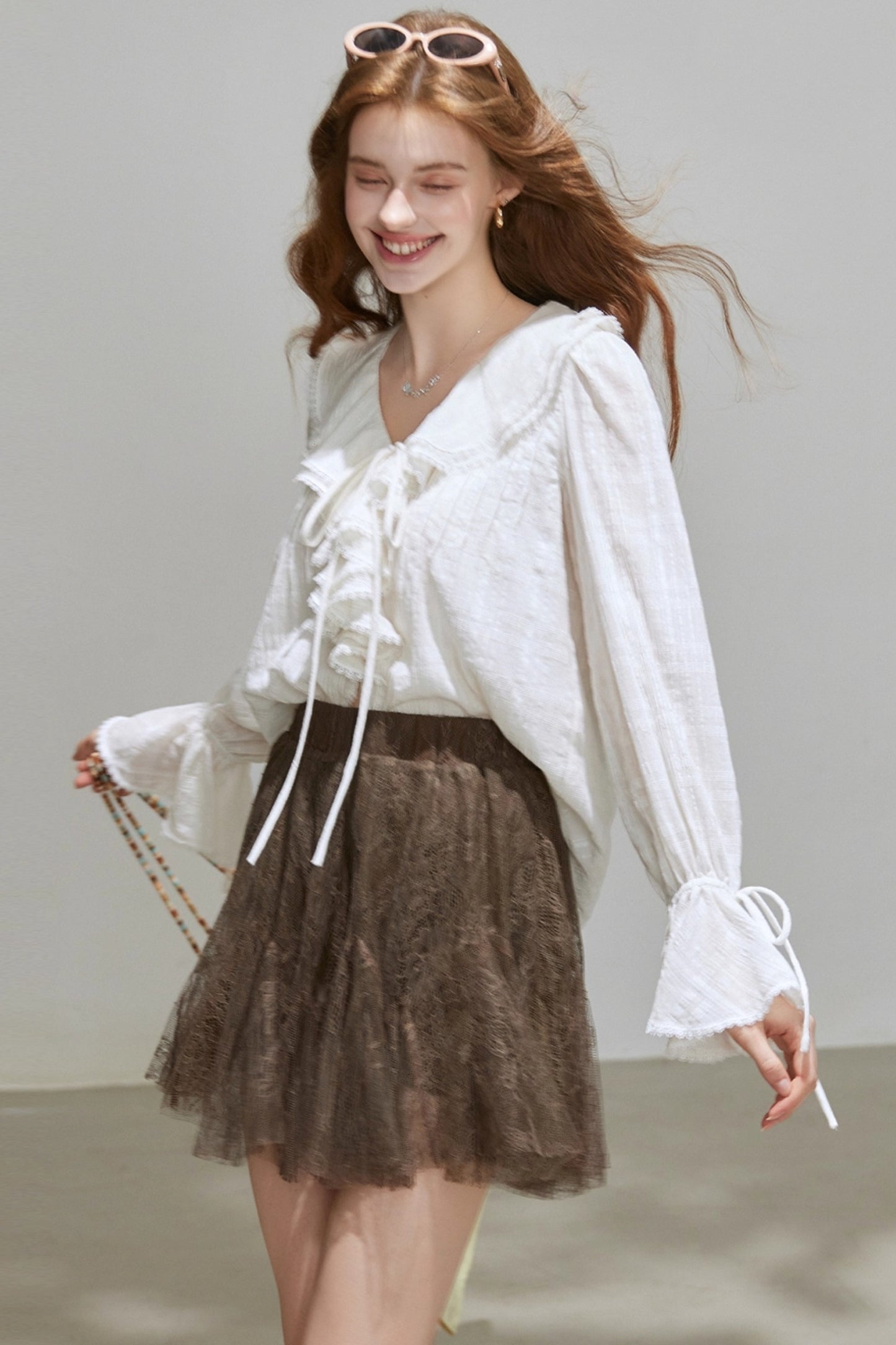 White V-Neck Ruffled French Top Shirt