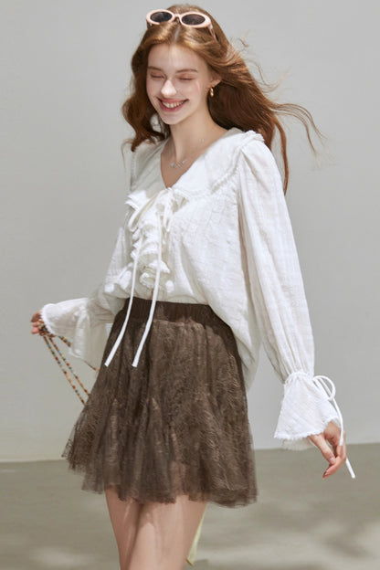 White V-Neck Ruffled French Top Shirt