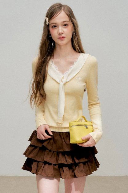 Cream Contrast Lace Tie Knit Sweater