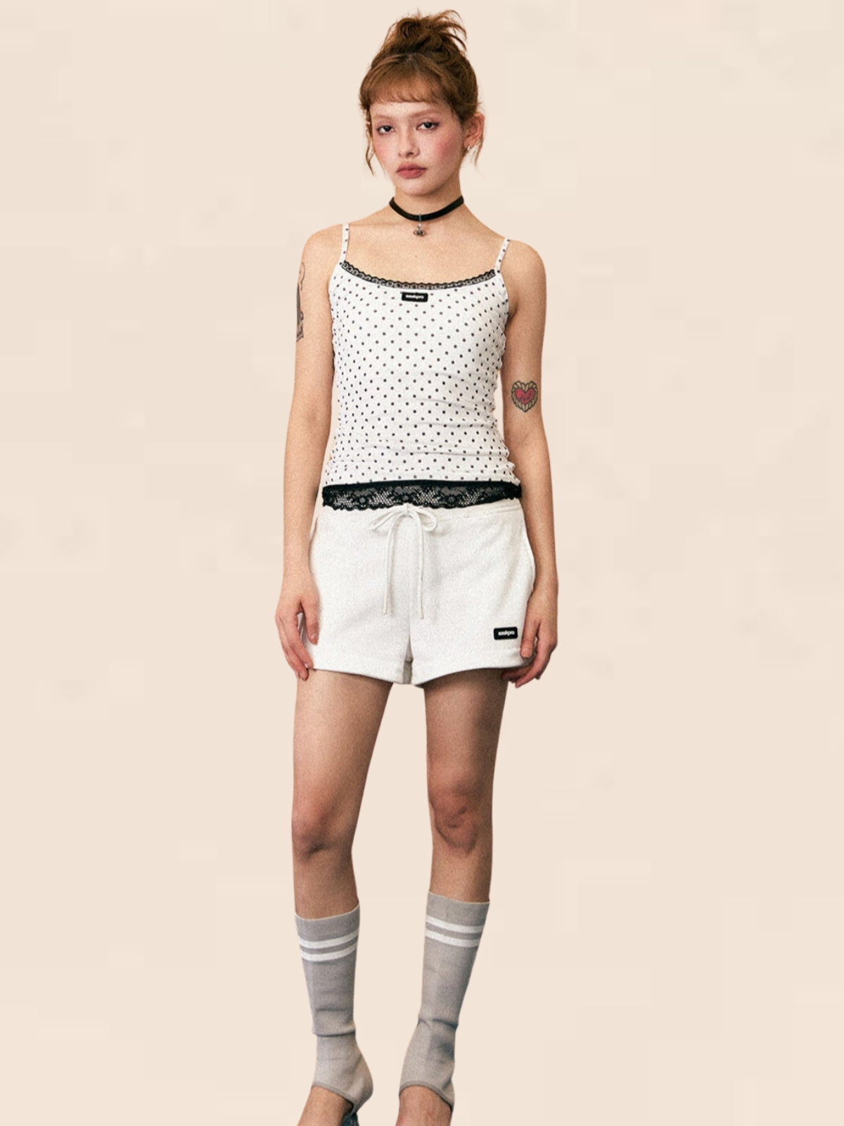 Lace-Stitched Polka Dot Camisole Top