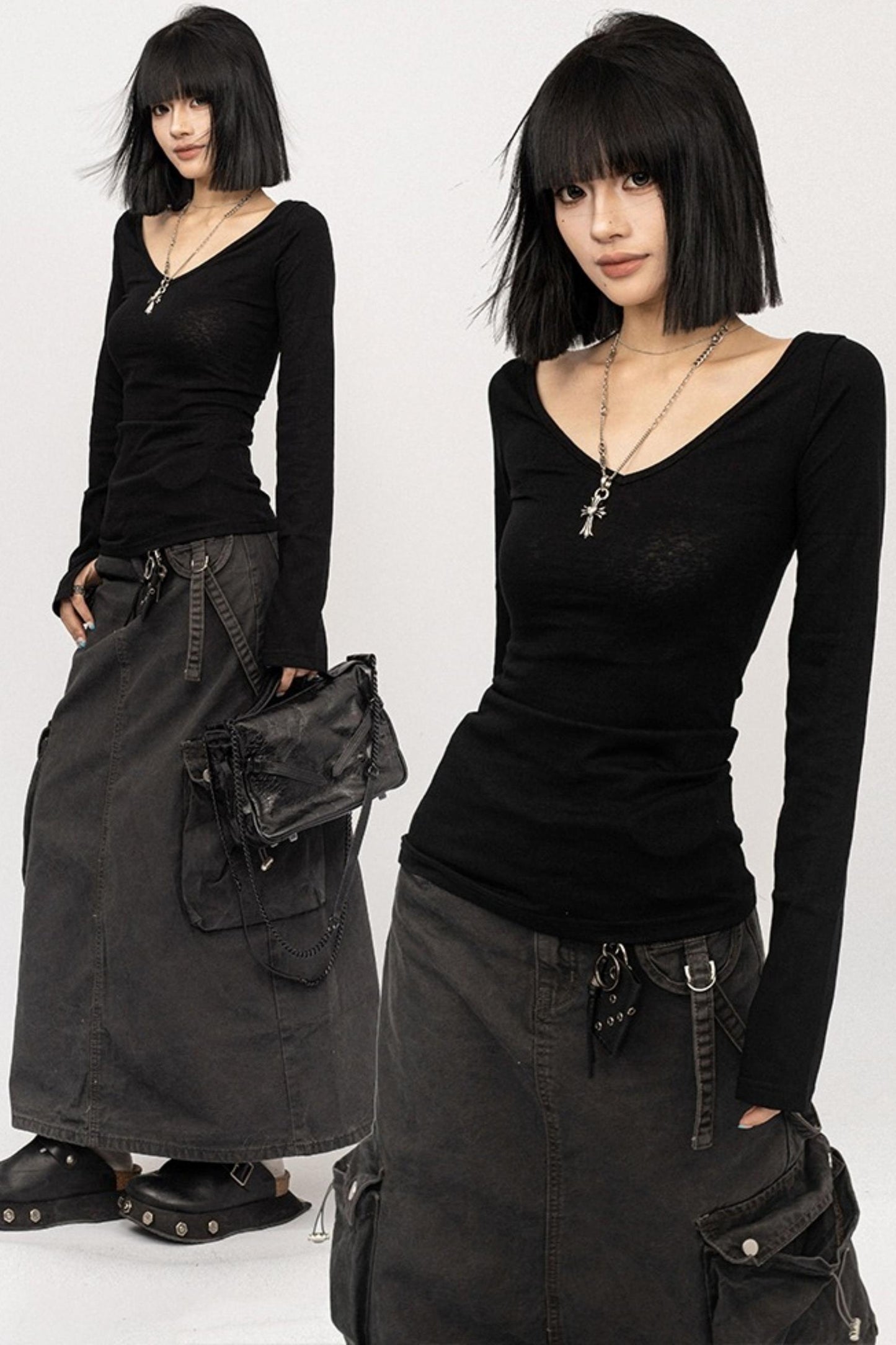 Autumn V-Neck Slim Black Top