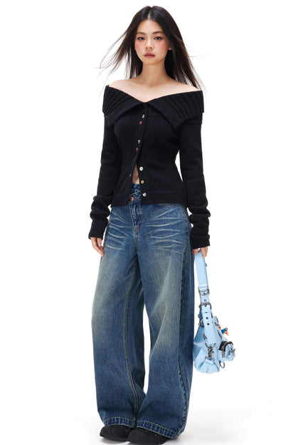 Colorful Button Off-Shoulder Knit Sweater