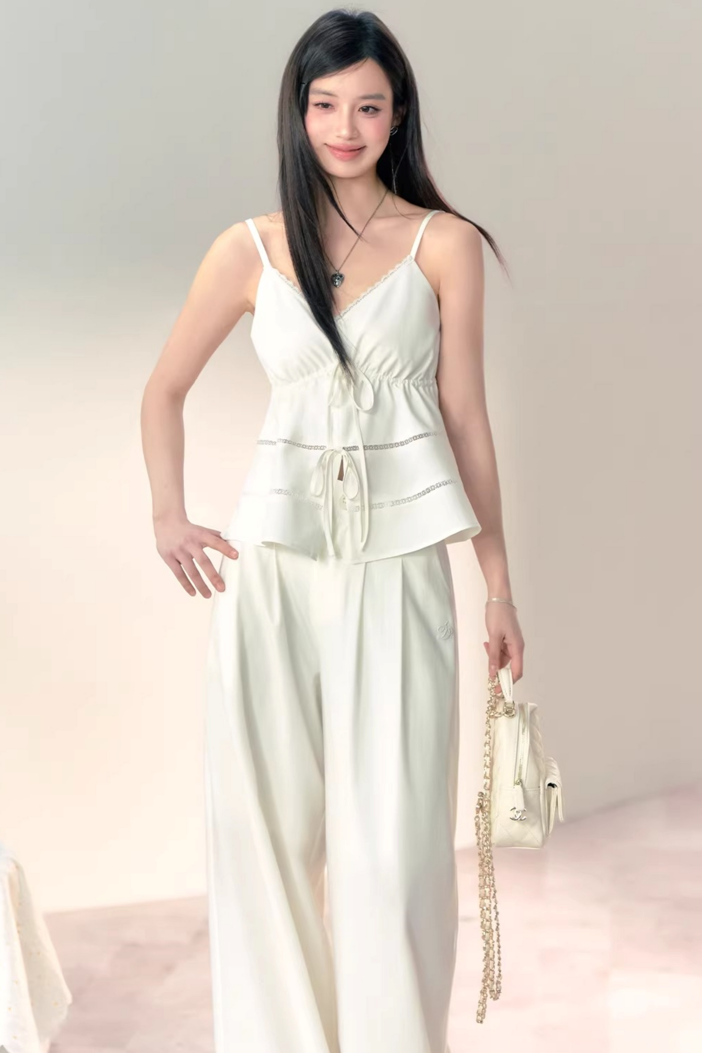 Bamboo Texture Suspender Pants Set-Up