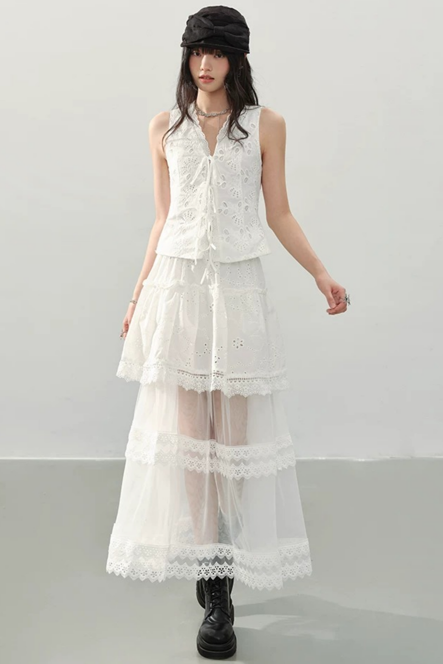 Gonna A-Line In Pizzo Bianco A Balze