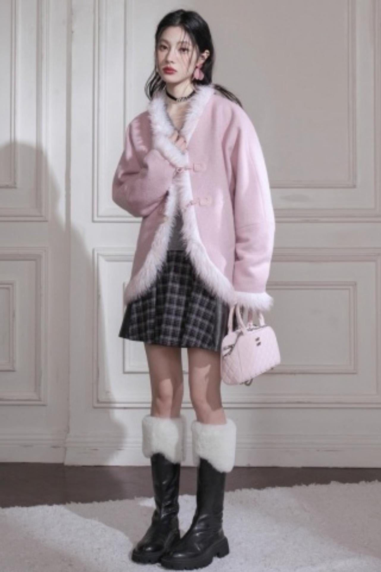 Snow Cherry Fleece Collar Wool Coat