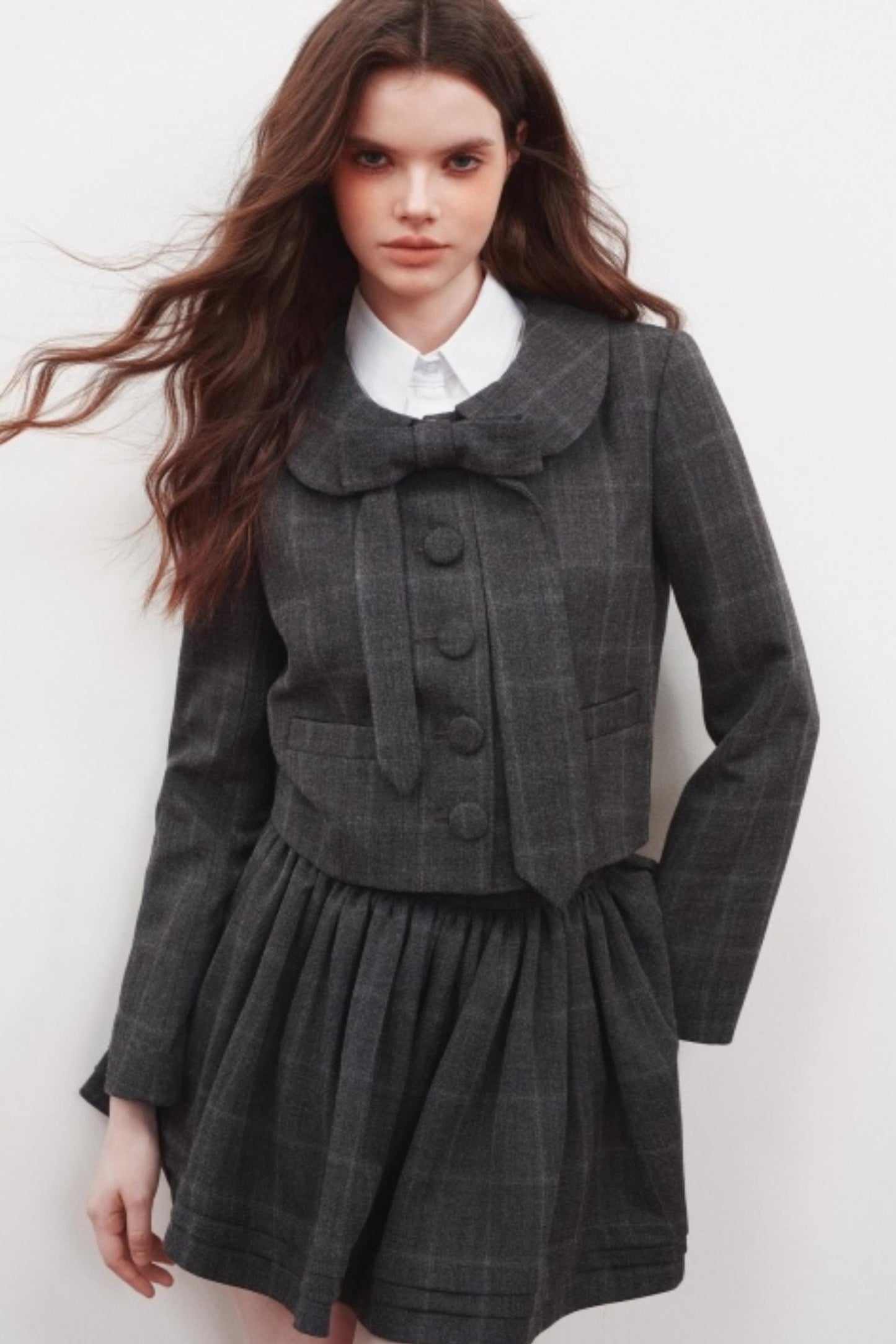 Plaid Doll Collar Blazer Skirt Set-Up