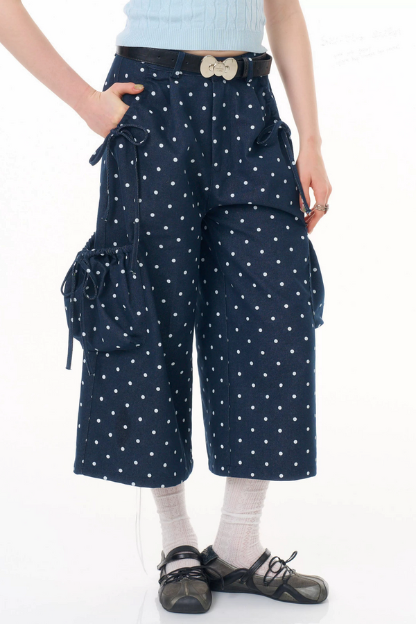 Dark Blue Polka Dot Wide-Leg Pants