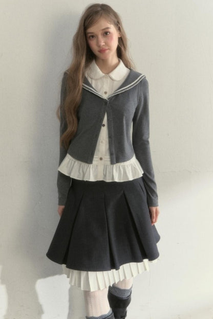College Navy Collar Top & Skirt Set-Up