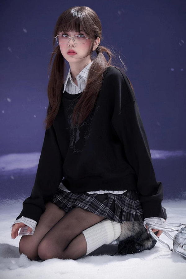 블랙 프린트 대학 스타일 탑 