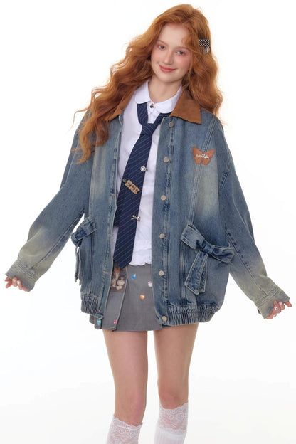 Bow Corduroy Collar Retro Denim Jacket