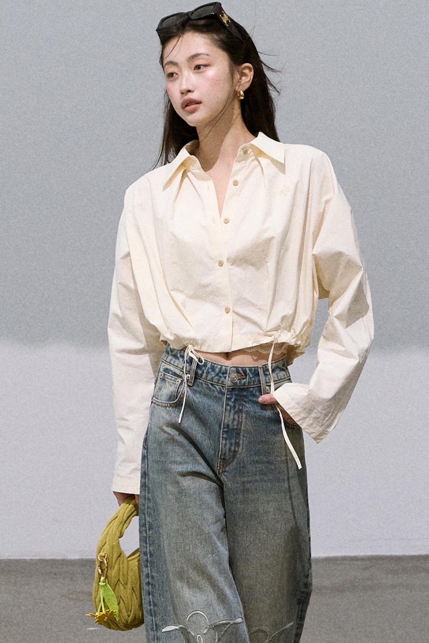 Cropped Lace-Up Cotton Shirt
