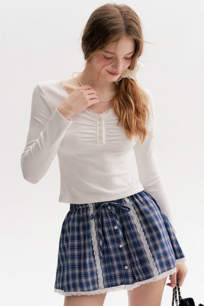 Lace Stitching Check Short Skirt
