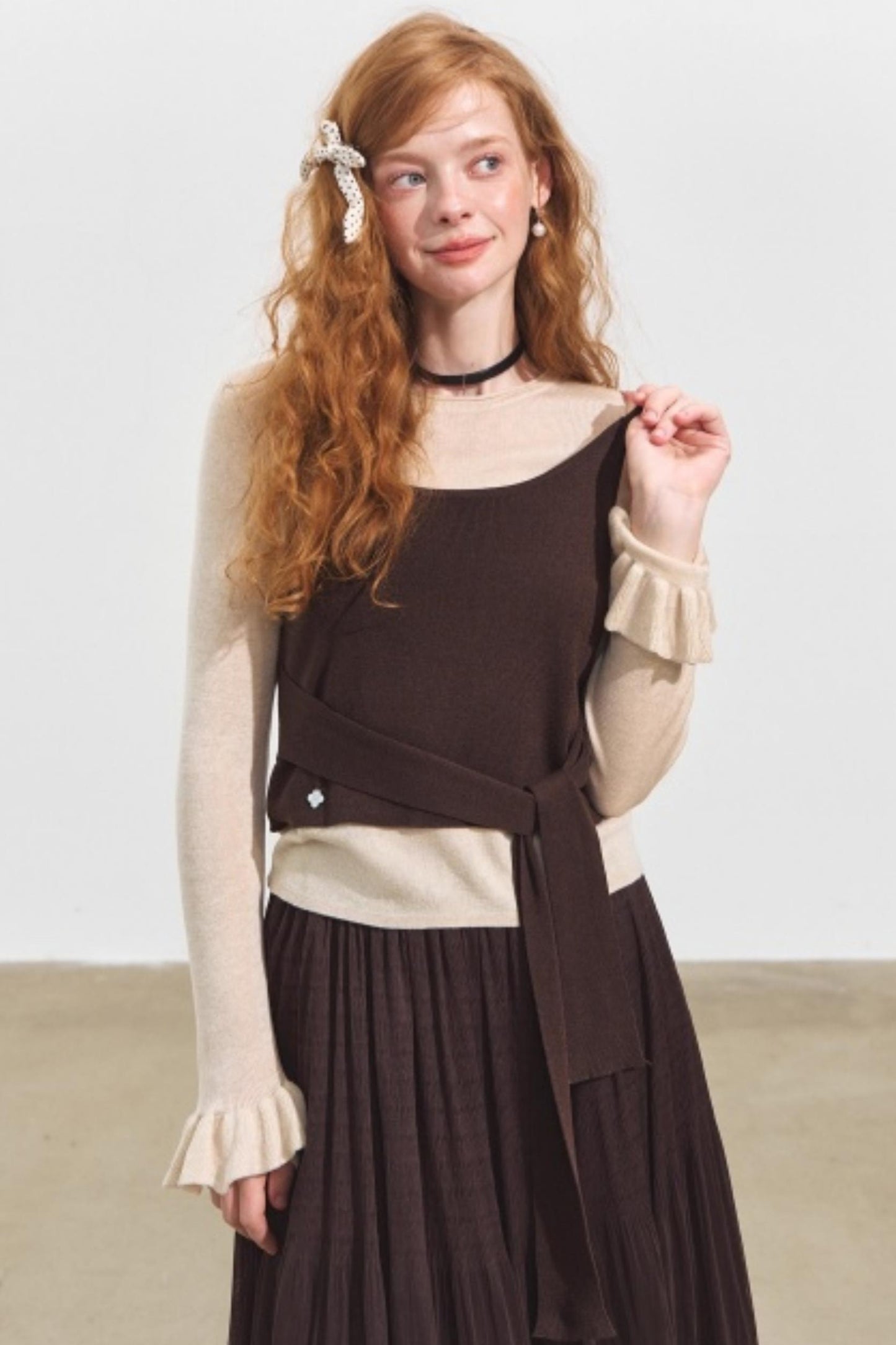 Fake Two Contrasting Tie-Up Sweater