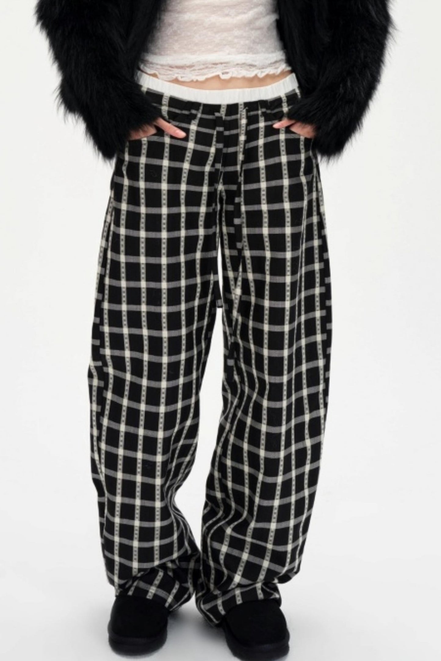 Lyocell Check Drawstring Cotton Trousers