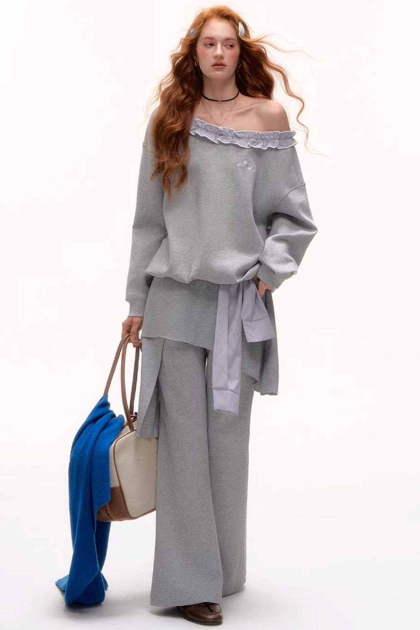 Asymmetrical Striped Ruffle Sweatshirt