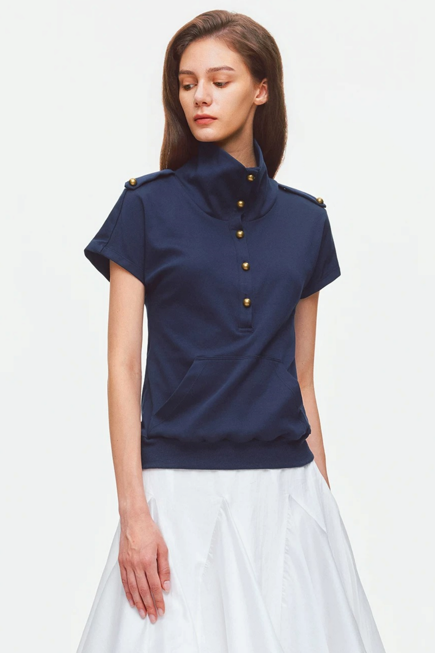 Metal Button Military Epaulet Knit Top