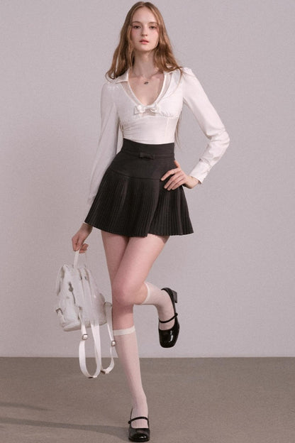 Bow V-Neck Long Sleeve Shirt Set-Up