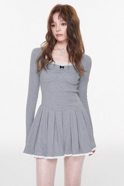 Gray Lace Bow-Detail U-Neck Dress