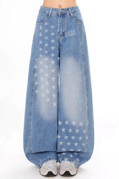 Retro Star Print Deconstructed Jeans