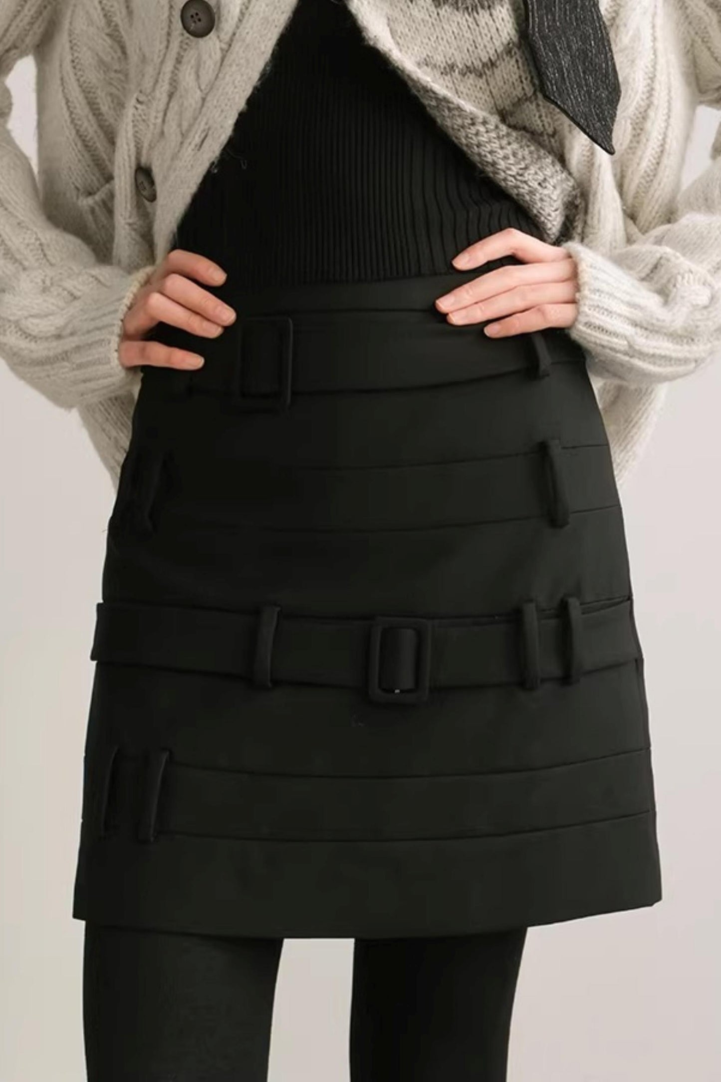 Faux Belt Patchwork Skirt