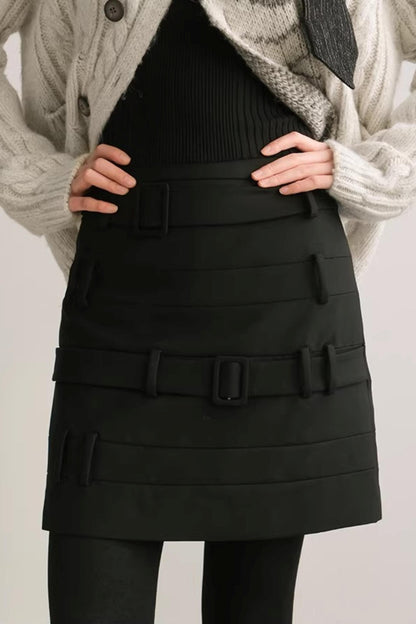 Faux Belt Patchwork Skirt